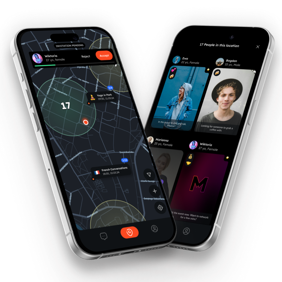 Neario app showing map view with invitation pending and people discovery interface